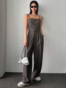 DAZY Button Front Tank Top And High Waist Wide Leg Casual Suit Pants Set