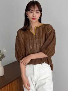 FRIFUL 棕色空心紋路泡泡袖t恤 - 棕色 - 查看 1