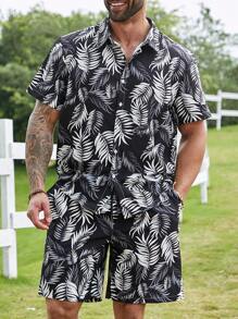 Manfinity Homme Men'S Plus Size Plant Printed Short Sleeve Shirt And Shorts 2pcs/Set