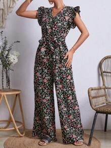 SHEIN VCAY 女款花卉印花荷葉邊寬褲連身褲 - 黑色 - 查看 3