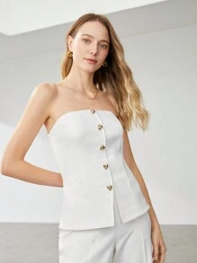 SHEIN x PRISCILA & JIMENA MOTF PREMIUM 抹胸鈕扣抹胸上衣 - 白色 - 查看 5