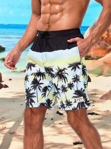 Manfinity Pantalones Cortos De Playa Con Estampado De Palmeras Para Hombres