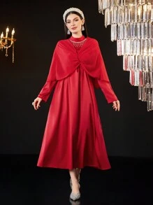 Modelyn Women's Plain Twist Knot Shawl Collar Dress With Rhinestone & Tassel Decoration Long Evening Dresses Fall Cloth For Women - Red - View 5
