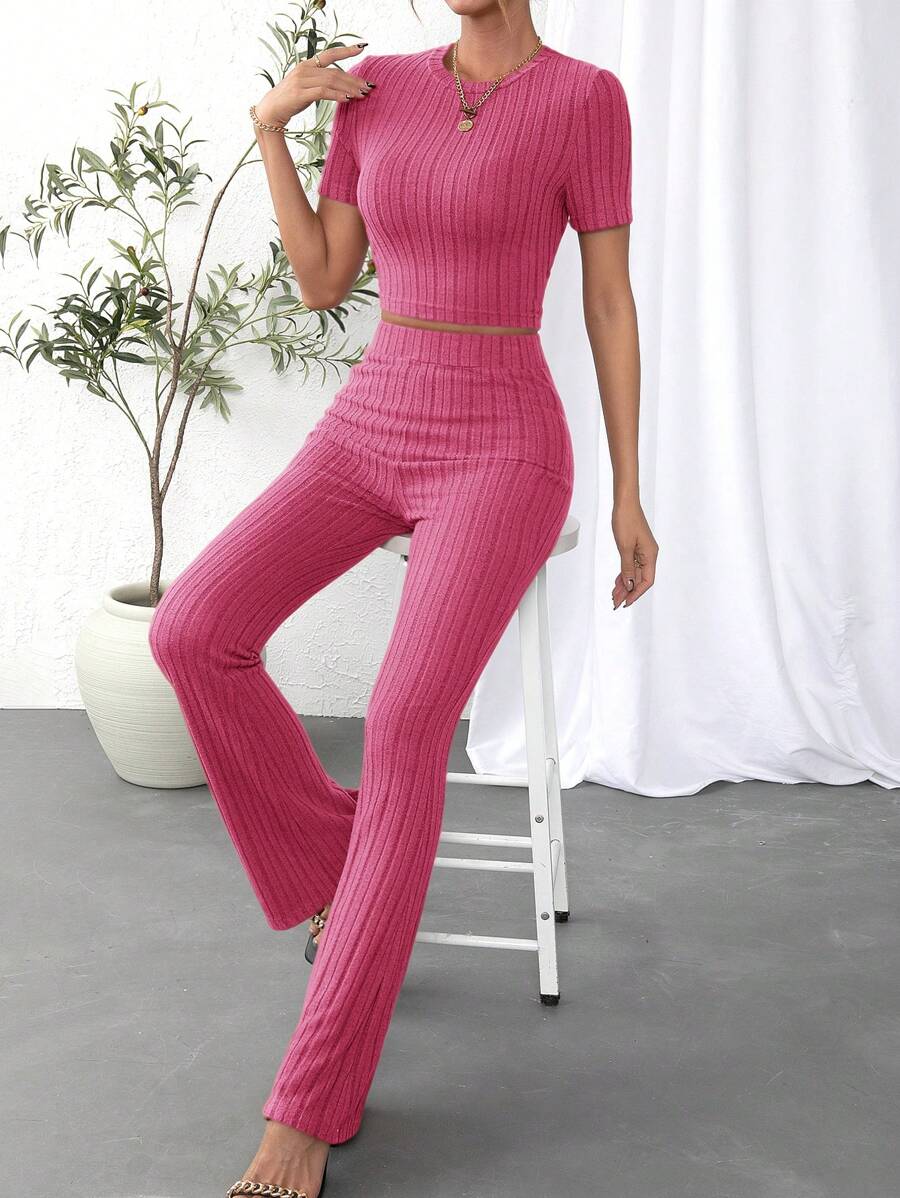 SHEIN Essnce Women's Solid Ribbed Knit Two Piece Set - Hot Pink - View 1