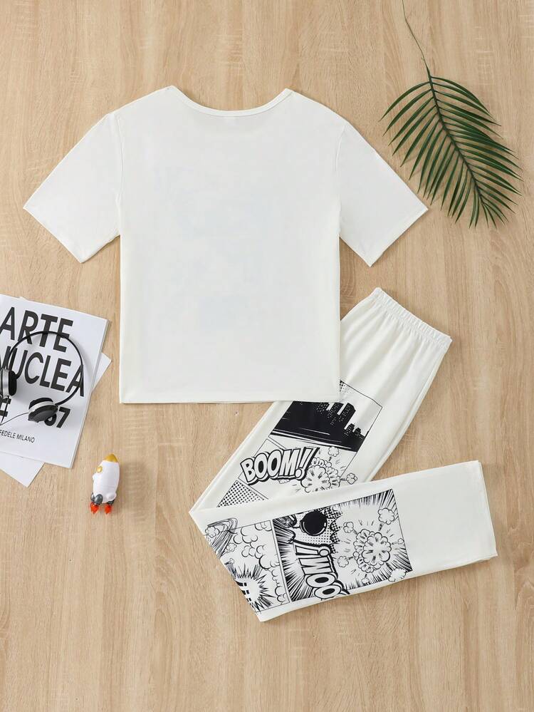 Teen Boy Comfortable 2pcs/Set Letter Print Short Sleeve T-Shirt And Pants Homewear