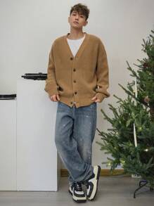 DAZY Nam Màu thuần Mùa thu & Mùa Đông Áo len Mở - Màu be - Xem 4