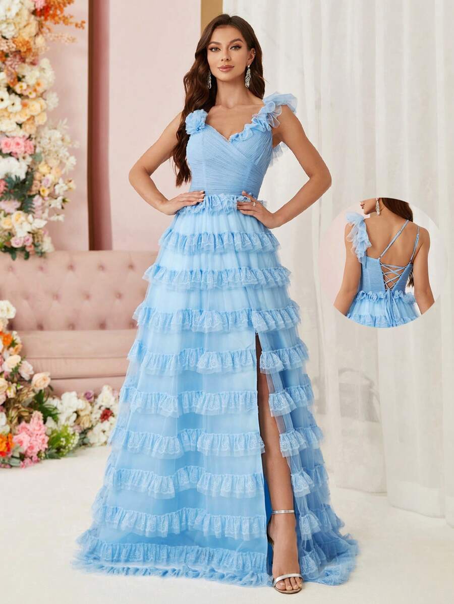 SHEIN Belle Women's 3d Floral Multi-Layer Ruffle Trim See-Through Mesh High Slit Cross-Back Strap Evening Dress - Blue - View 1