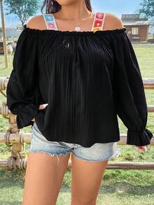 SHEIN SunnyBelle 女裝加大碼鉤針露肩寬鬆襯衫 - 黑色 - 查看 3