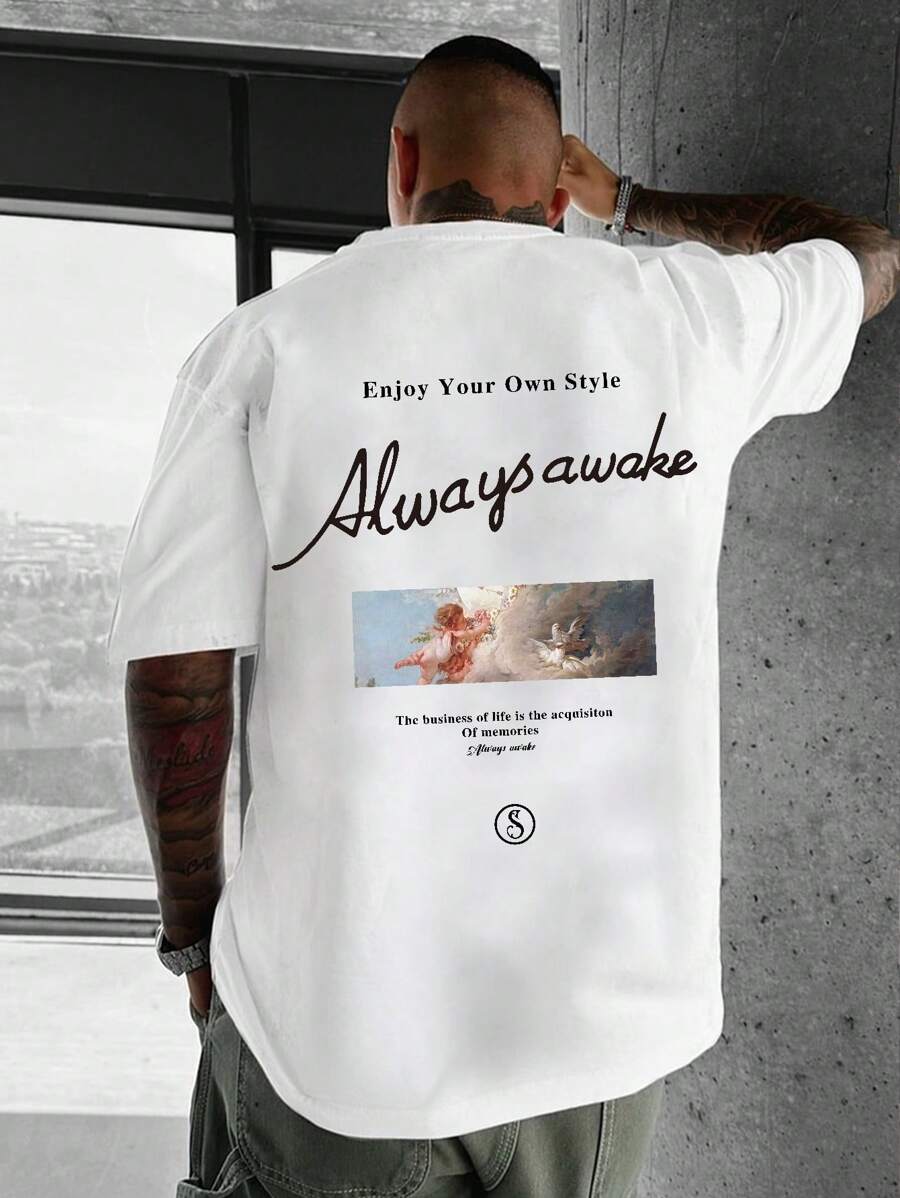 Men's Angel Printed Drop Shoulder T-Shirt - White - View 1