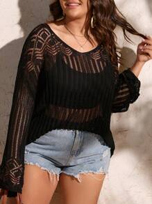 Breezaya Plus Size 1pc Long Sleeve Hollow Out Knitted Pullover Sweater
