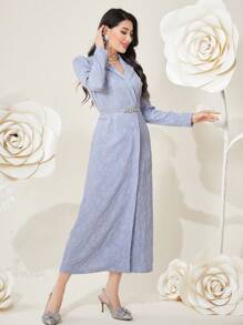 Modelyn Vestido de noche largo con manga abullonada de mujer en tejido jacquard - Azul - Ver 8