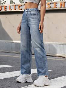 SHEIN EZwear Của phụ nữ Retro Giò thẳng Quần jean - Màu xanh lam - Xem 2