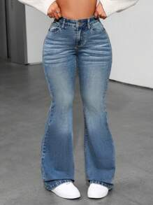 SHEIN ICON 女士喇叭牛仔褲 - 藍色 - 查看 5