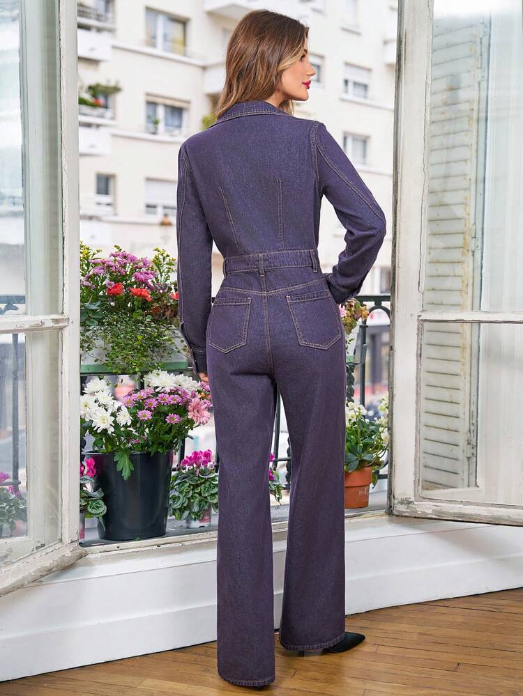 Denim Wide Leg Shirt Spring/Fall Jumpsuit,  For Daily Wear Winter