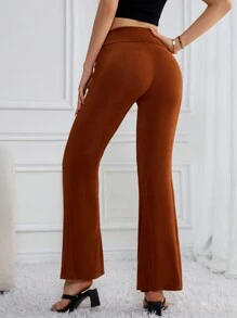 SHEIN Essnce Women's Casual Terracotta Color Fold Over Waist Flared Flared Low Rise Pants For Spring - Brown - View 2