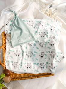 SHEIN 新生兒男寶可愛兔子印花襁褓毛巾與帽子套裝，適用於攝影道具 - 彩色 - 查看 2