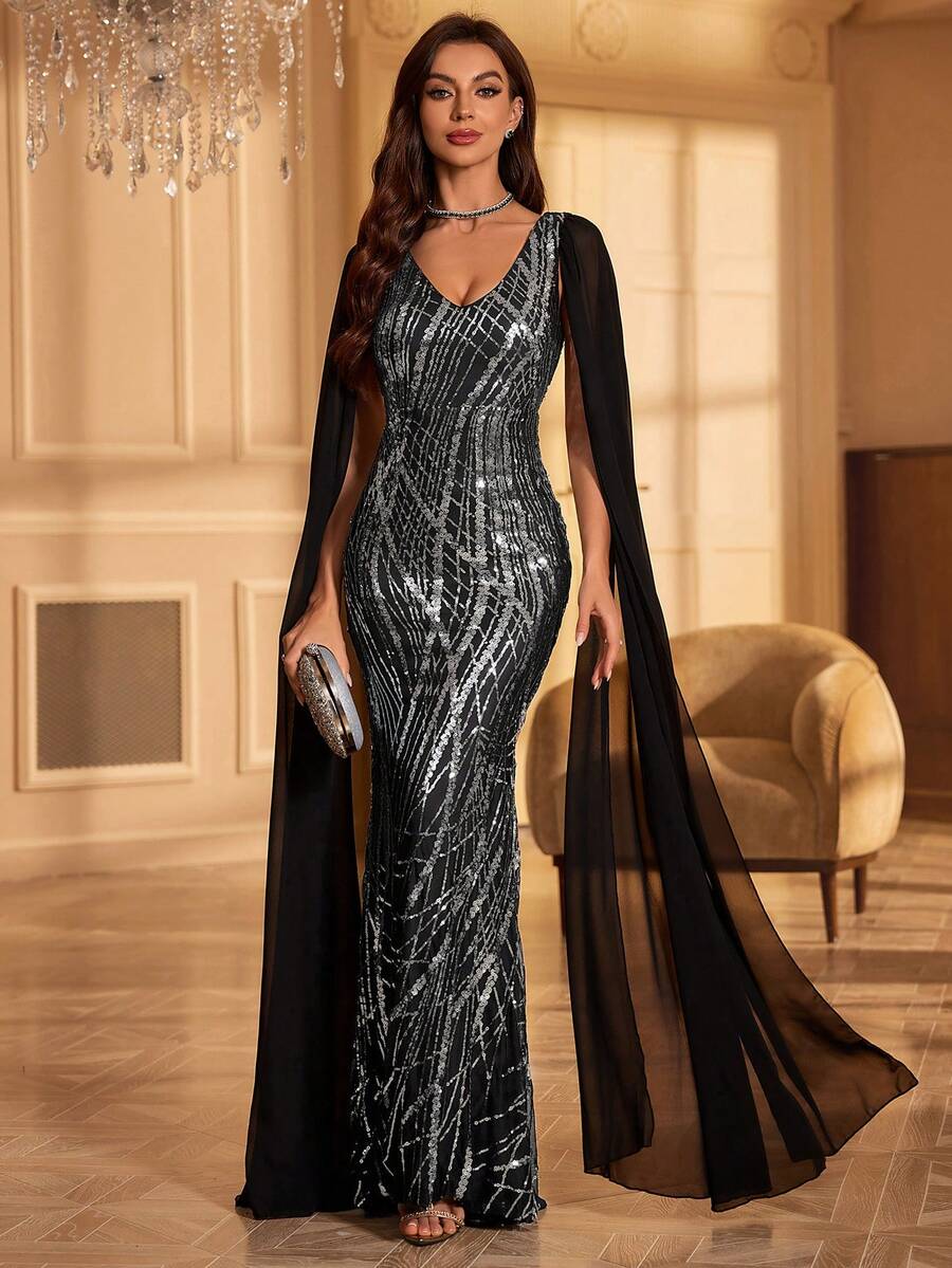 V-Neck Sequin Flared Sleeve Formal Dress With Flowing Hem - Black - View 1