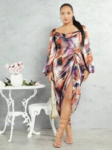 SHEIN BAE Vestido Plus Size Manga Lanterna Com Gola Drapeada E Estampa Completa Padrão - Roxo - Visão 6