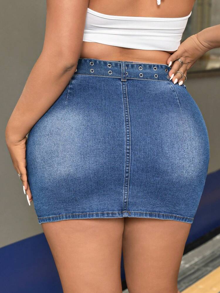 Plus Size Washed Denim High Waist Bodycon Skirt