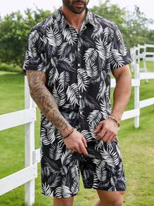 Manfinity Homme Men'S Plus Size Plant Printed Short Sleeve Shirt And Shorts 2pcs/Set