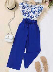 SHEIN Tween Girls' Floral Printed Ruffle Hem Cap Sleeve Top And Shorts Two Pieces Set - Blue - View 4