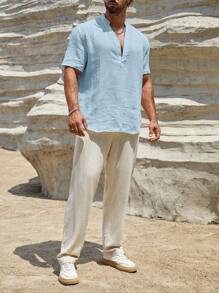 HIMLAND Áo sơ mi nam tay ngắn dệt dáng rộng thoải mái, phong cách Old Money, đồ đôi - Màu xanh nhạt - Xem 5