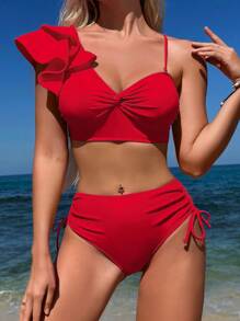 SHEIN Swim Summer Beach Ruffled Edges & Decorative Knot Detailing Bikini Set With Separated Bikini Bottom New Year - Red - View 3