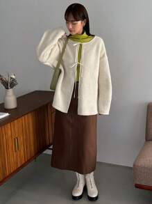 FRIFUL Ladies' Teddy Regular Fit Jacket With Knot Detail,Fall Women Clothes,Thermal Lined Women Coats