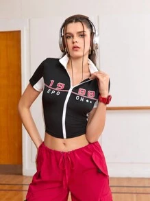 SHEIN Street Sport Women's Color Block Zipper Front Sporty T-Shirt With Letter Print - Black - View 4