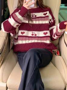 Cherry Pattern Drop Shoulder Sweater,Long Sleeve Tops - Multicolor - View 4