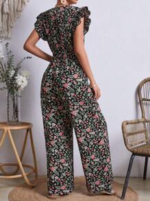 SHEIN VCAY 女款花卉印花荷葉邊寬褲連身褲 - 黑色 - 查看 5