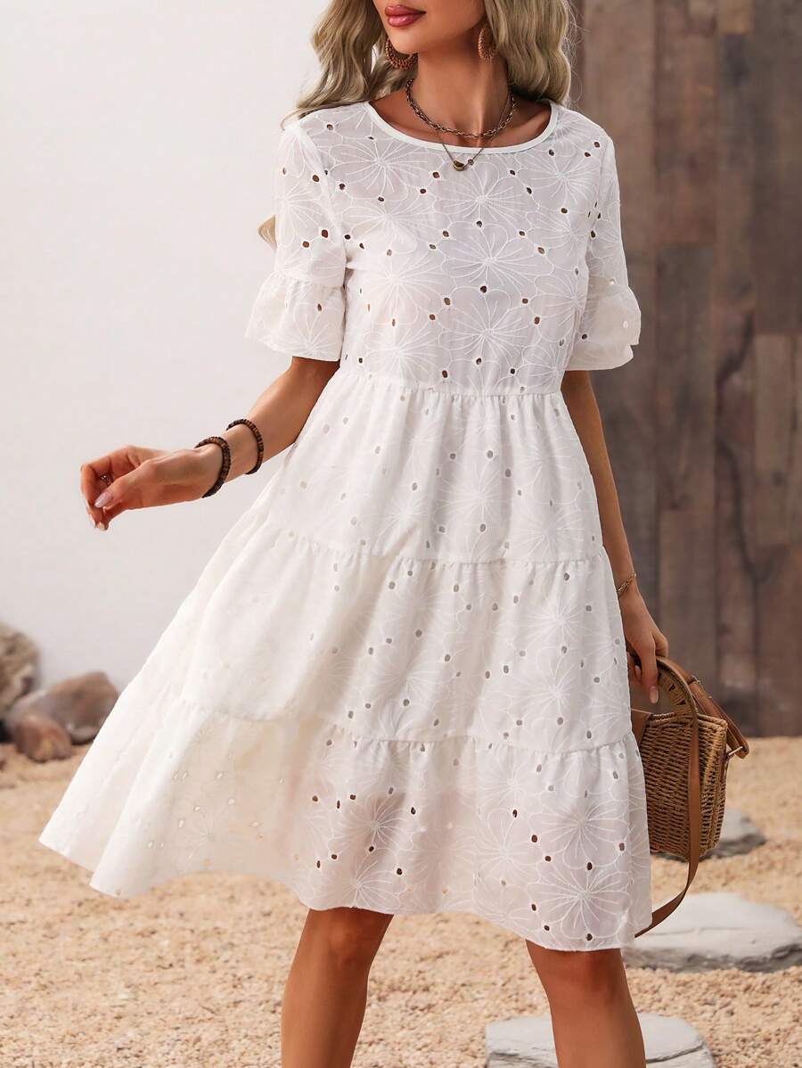SHEIN LUNE Embroidered Ruffle Sleeve Babydoll Dress - White - View 1