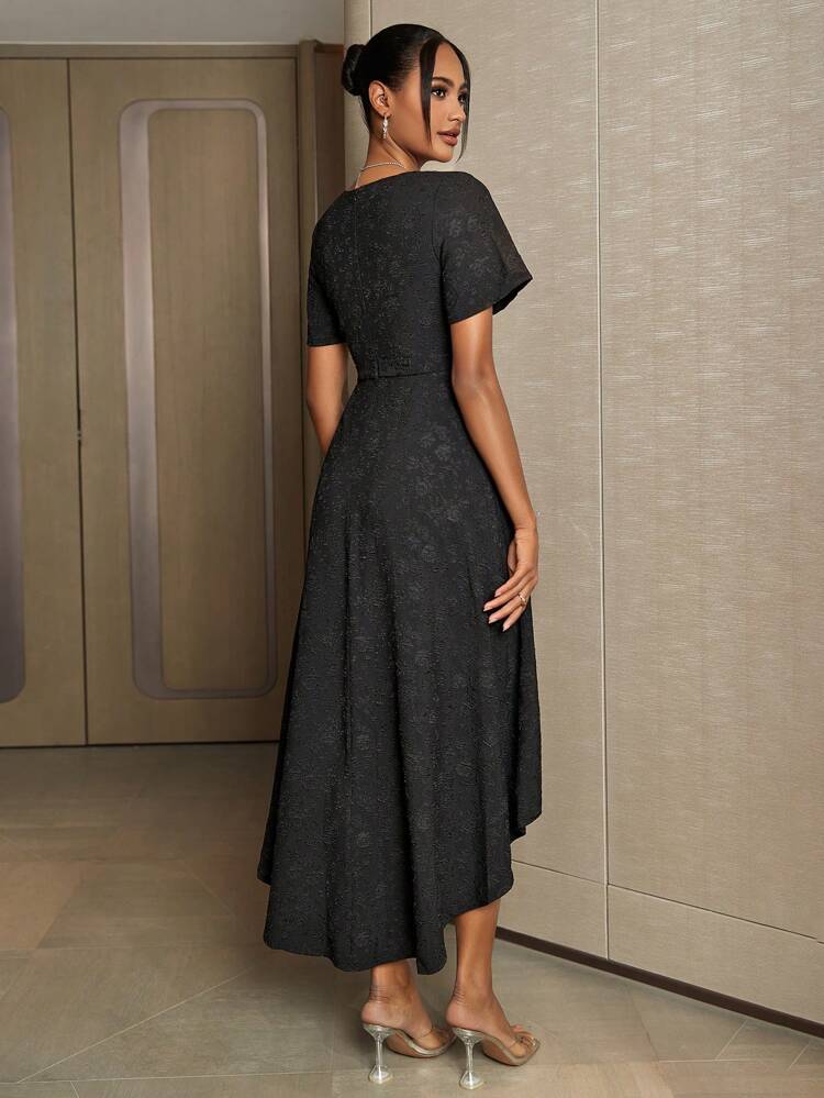 V-Neck Short Sleeve Jacquard High-Low Bridesmaid Dress