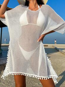 SHEIN Swim 1pc Pom-Pom Color Block Batwing Sleeve Cover-Up Dress Wedding Summer