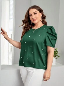 SHEIN Clasi Plus Size Beaded Detail Puff Short Sleeve Blouse - Dark Green - View 4