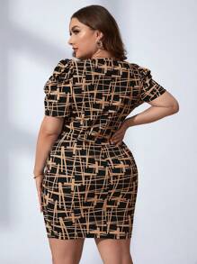 Chikora Vestido corto de manga abullonada con estampado para mujer talla grande, para el verano