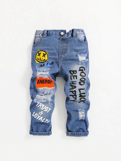 SHEIN Young Boy Letter Cartoon Print Distressed Denim Jeans
