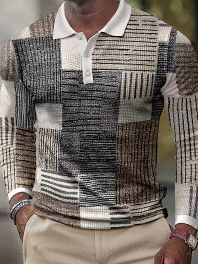 Manfinity Homme Herren Lässiges Patchwork Bedrucktes Langarm Halb Knopf Urban Polo Shirt, Herbst