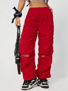 SHEIN Coolane 女士實色半截褶皺裙褲,膝蓋長度,適用於春夏季節 - 酒紅色 - 查看 3