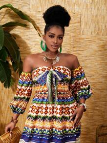 Slaydiva Đầm nữ trễ vai in họa tiết hình học, thích hợp cho kỳ nghỉ. - Nhiều màu - Xem 4