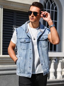 Manfinity Hypemode 男士無袖帽裝牛仔襯衫,磨邊裝飾 - 中等水洗藍 - 查看 7