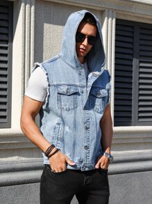 Manfinity Hypemode 男士無袖帽裝牛仔襯衫,磨邊裝飾 - 中等水洗藍 - 查看 8