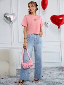 SHEIN Essnce 情人節粉色心形剪裁短袖t恤,春季綴有閃閃發光的水晶鑽 - 粉色 - 查看 4