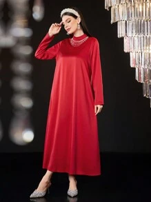 Modelyn Women's Plain Twist Knot Shawl Collar Dress With Rhinestone & Tassel Decoration Long Evening Dresses Fall Cloth For Women - Red - View 4