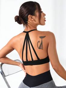 Easithlete Women's Seamless Sports Bra With Multiple Thin Straps At Back - Black - View 2