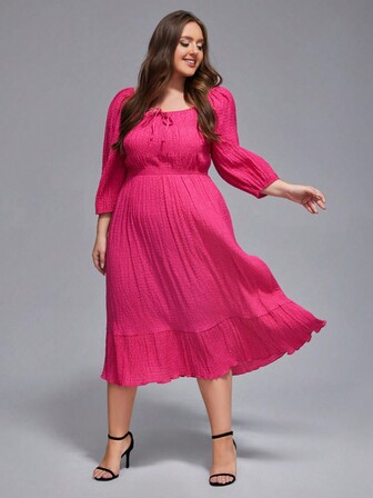 Square Neck Tie Front Ruffle Hem Dress