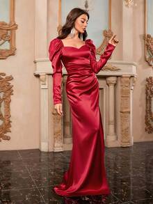 solid color long sleeve slim-fit sweetheart elegant formal evening gowns - Red - View 7