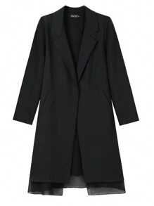 Chất rắn Cổ bẻ Blazer dài - màu đen - Xem 1