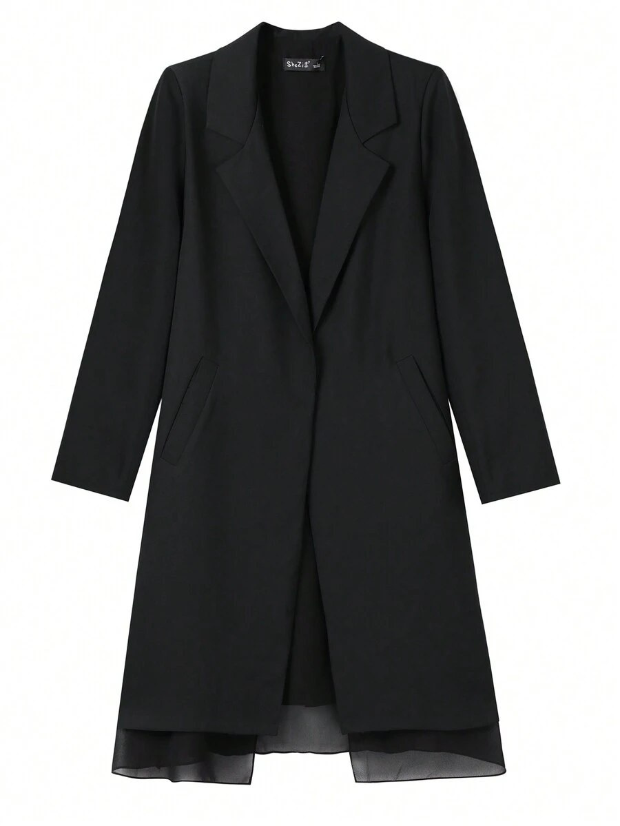 Chất rắn Cổ bẻ Blazer dài - màu đen - Xem 1