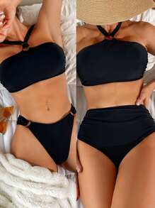 SHEIN Swim Ladies' Solid Color Halter Neck Two Pieces Bikini Set Summer Beach - Black - View 2